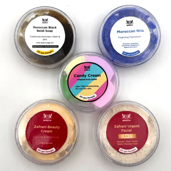 5 in 1 bundle (Black soap, Nila facewash, Candy Cream. Zafrani Urgent Facial, Zafrani Beauty Cream)