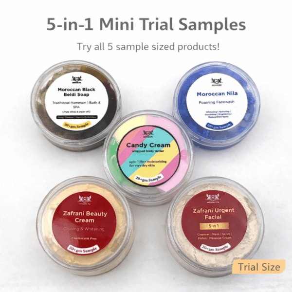 5 in 1 bundle (Black soap, Nila facewash, Candy Cream. Zafrani Urgent Facial, Zafrani Beauty Cream)