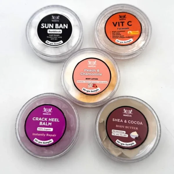 Sun Block, Vit C, Chamomile Body Lotion, Crack Cream, Shea & Cocoa Body Butter