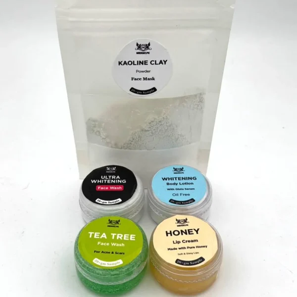 5 in 1 Ultra whitening facewash, Ultra whitening Lotion, Honey lip cream, Tea Tree Facewash, Kaoline Clay