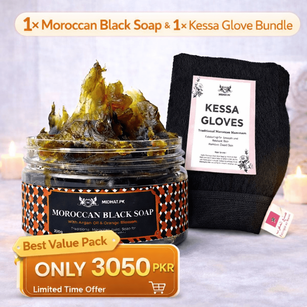 Pack of 2 Moroccan black beldi soap + Kessa glove