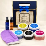 Moroccan Hammam Starter Kit in a navy and gold gift bag with a blue bow